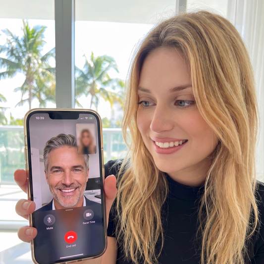 Medical aesthetician holding a phone with a video call to a gorgeous and satisfied virtual client after he optimized his skin protocol with KASKINA and achieved his desired results.