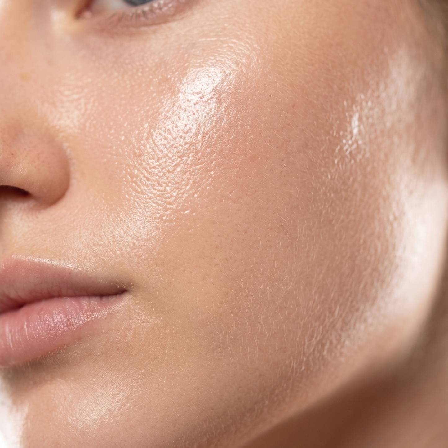Close-up of a person's face with a focus on skin texture and lighting. Skin cleared by KASKINA with no visible sebaceous filaments. KASKINA optimization of skin care. Satisfied cliens. 