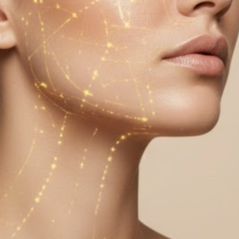 Promotional graphic for 'The Cellular Longevity Protocol' showing a close-up of a woman's neck and jawline with glowing golden cellular pathways overlaid, on a beige background with text detailing cellular oxygenation and dermal resurfacing.