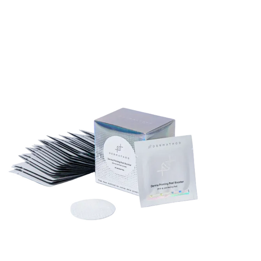 Skincare product packaging with a box and packets on a light gray background
