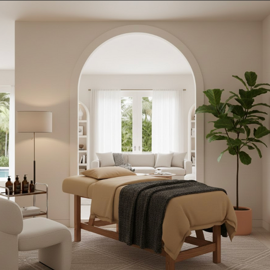 A spa-style treatment room with a massage table in the foreground, a white chair, a floor lamp, a potted fiddle-leaf fig plant, and a softly lit lounge area visible through an arched doorway.
