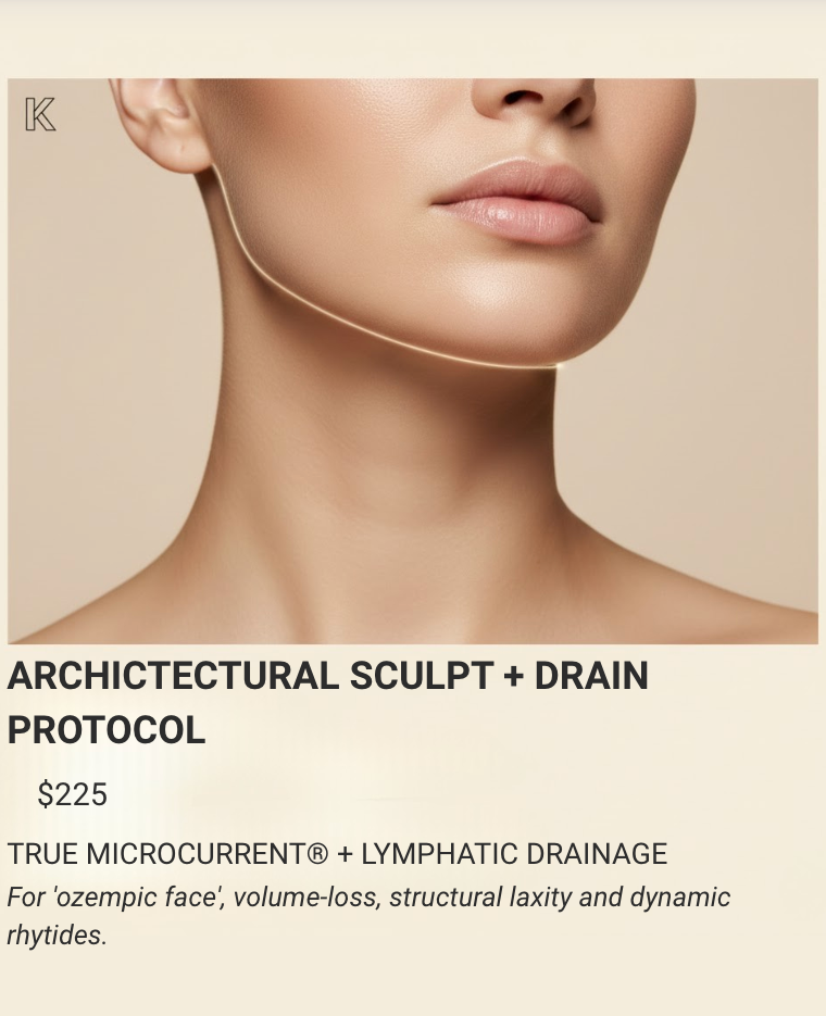 A promotional graphic for a skincare or cosmetic treatment called 'Architectural Sculpt + Drain Protocol' at $225. The top portion shows a close-up of a woman's lower face, neck, and upper chest with a thin line tracing her neck contour.