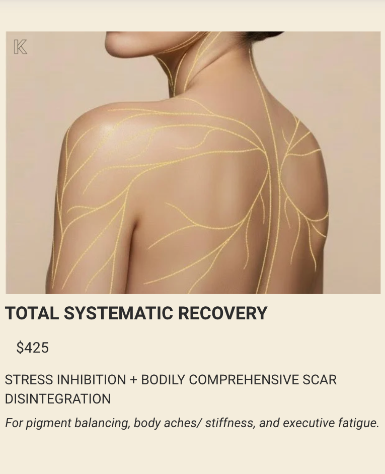 A promotional graphic for a skincare or treatment product titled 'TOTAL SYSTEMATIC RECOVERY' with a beige background, a central photo of a woman's upper back and neck with yellow vein-like line art, and descriptive text below.