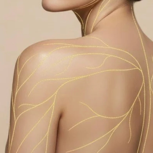 A promotional graphic for a skincare or treatment product titled 'TOTAL SYSTEMATIC RECOVERY' with a beige background, a central photo of a woman's upper back and neck with yellow vein-like line art, and descriptive text below.